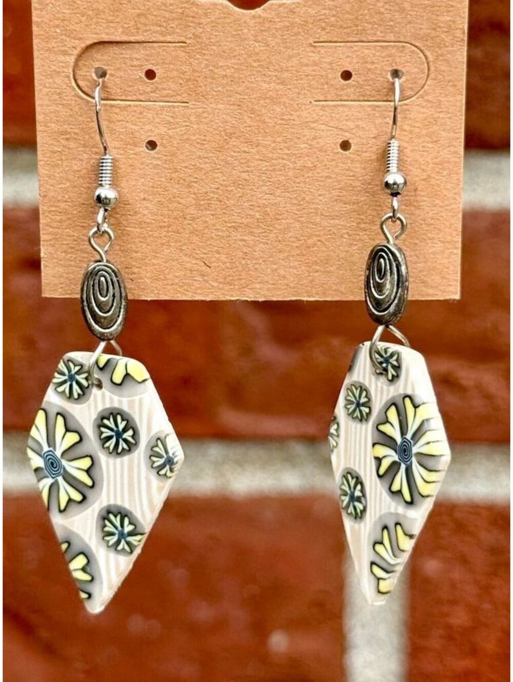 Handmade Polymer Clay Earrings Tan and Cream with Yellow and Purple Flowers - Picture 1 of 4